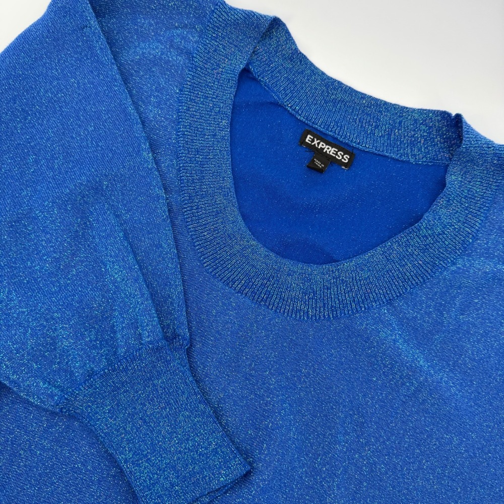 Express Blue Sparkle‎ Metallic Knit Cropped Top Sweater Women's Size Small